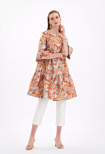 Textured Floral Print Jacquard Midi Jacket