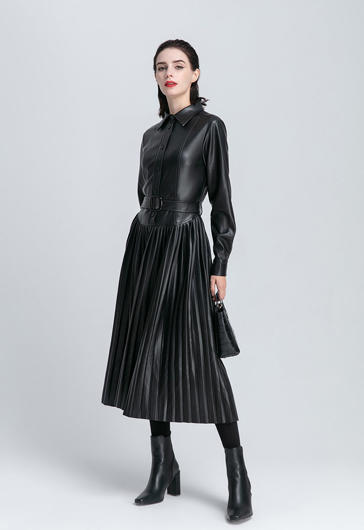 Accordion Pleated Faux Leather Dress