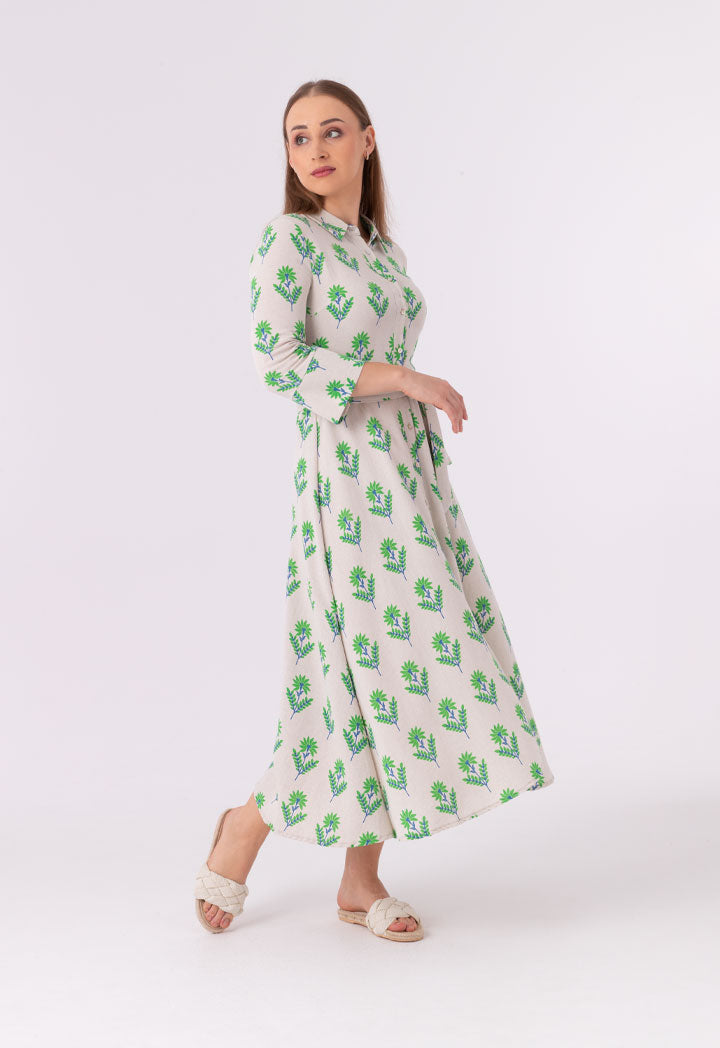 All Over Contrast Flower Motif Printed Long Dress