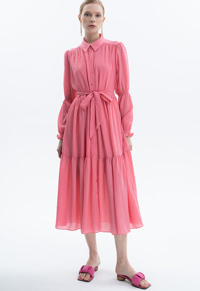 Crinkled Solid Tiered Dress With Belt