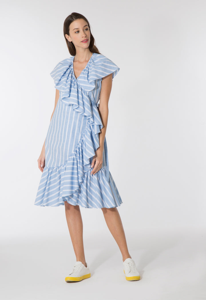Striped Wrap Frilled Dress