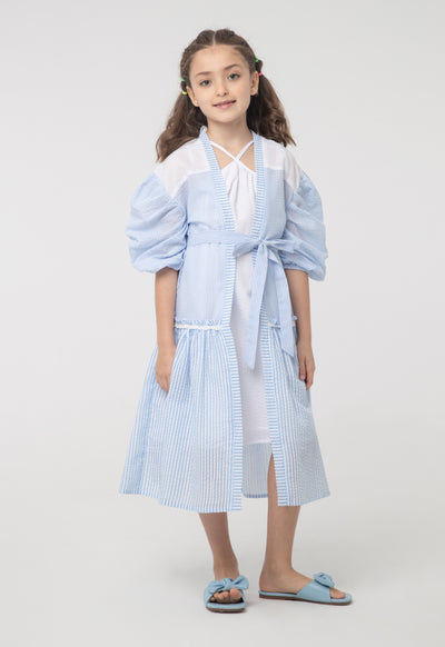 Textured Stripes Frill Trim Puff Shrug And Dress Sets