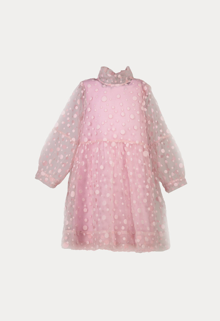 Polka Dot Flocked Mesh Lantern Sleeve Dress