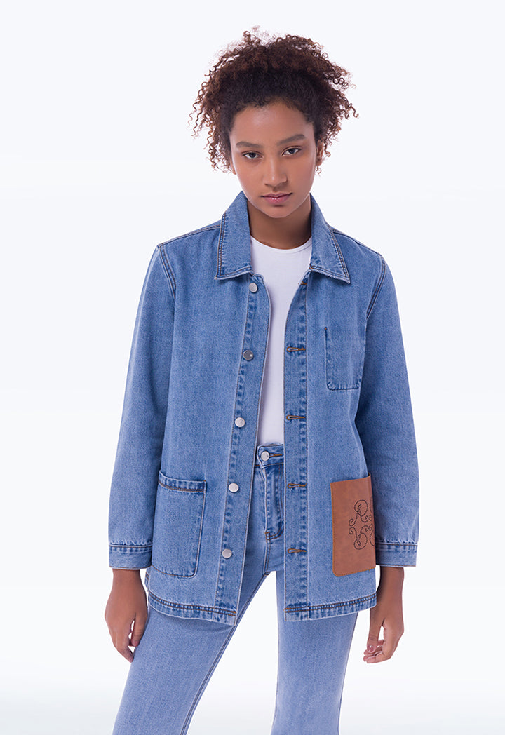 Leather Pocket Light Denim Jacket