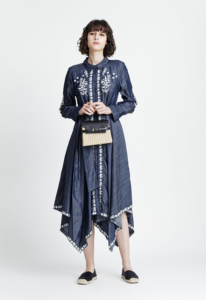 Contrast Embroidered Denim Dress