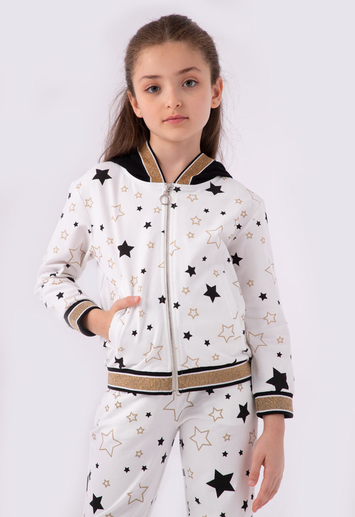 Lurex Flat Knit Rib Trim Printed Hoodie Jacket