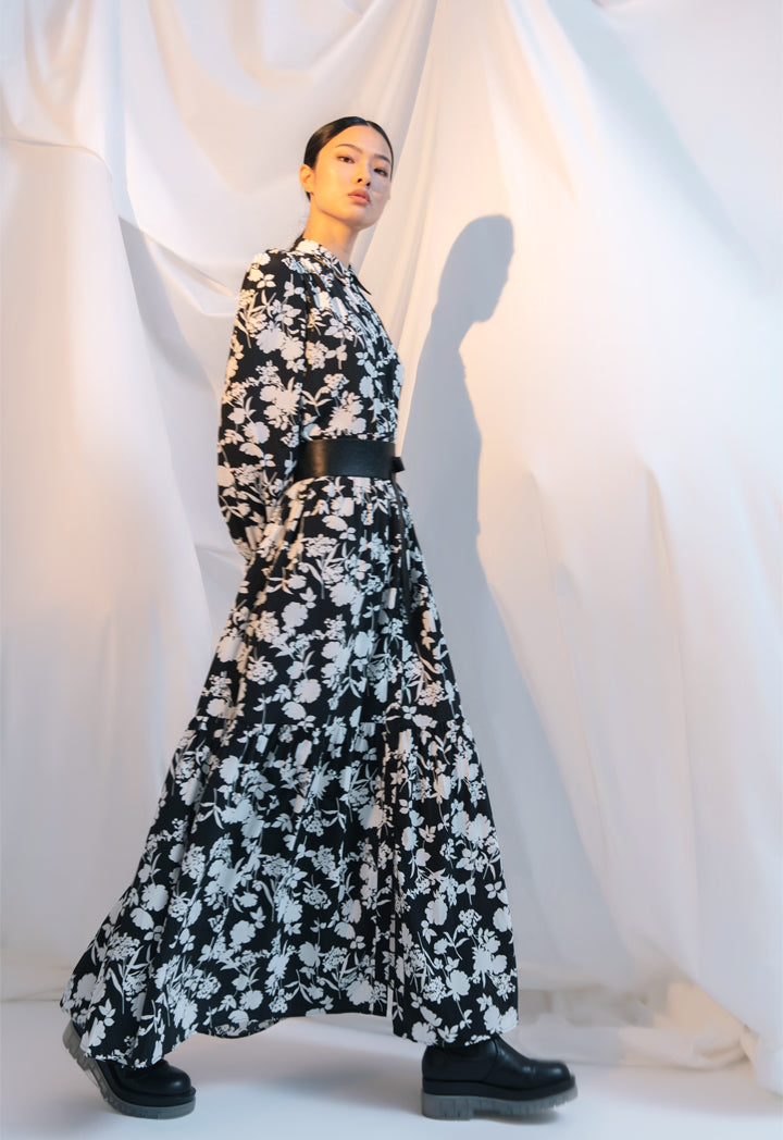 Contrast Flower Printed Long Maxi Dress