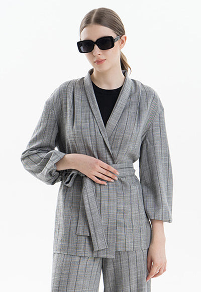 Striped Lantern Sleeves Open Jacket