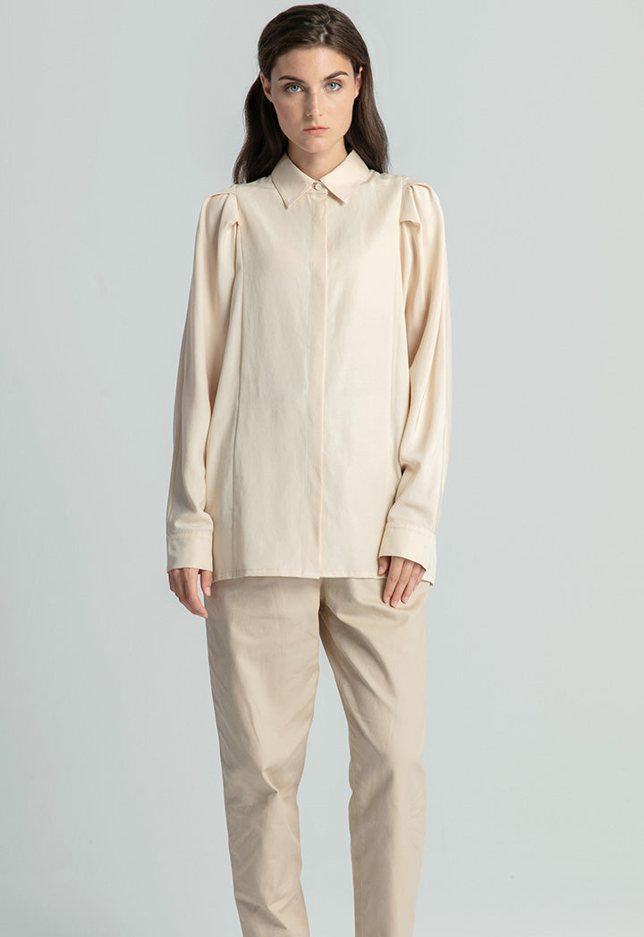 Pleated Balloon Sleeve Single Tone Shirt
