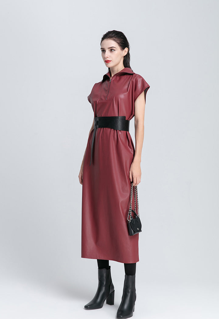 Front Yoke High Neck Faux Leather Dress