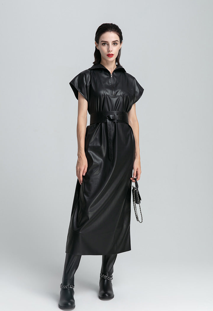 Front Yoke High Neck Faux Leather Dress