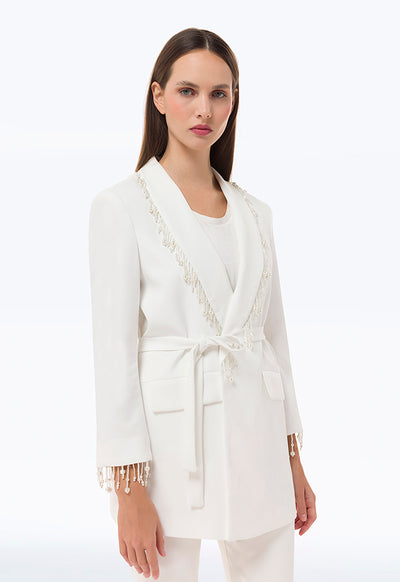 Pearl Embellished Blazer With Flap Pockets