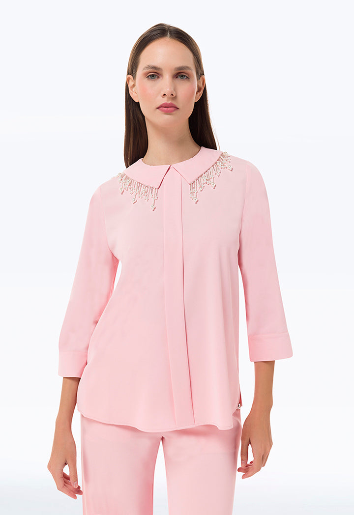 Solid Blouse With Pearl Detail on Neckline
