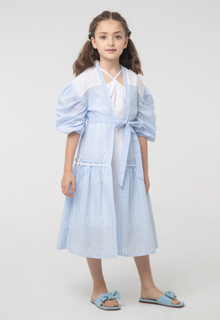 Textured Stripes Frill Trim Puff Shrug And Dress Sets