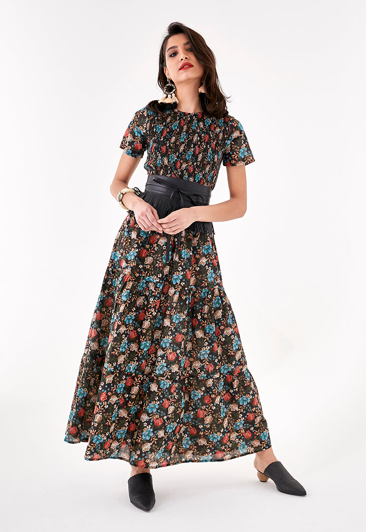 Floral Print Shirring Detail Dress