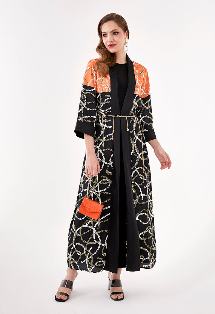Color Block Chain Print Long Kimono