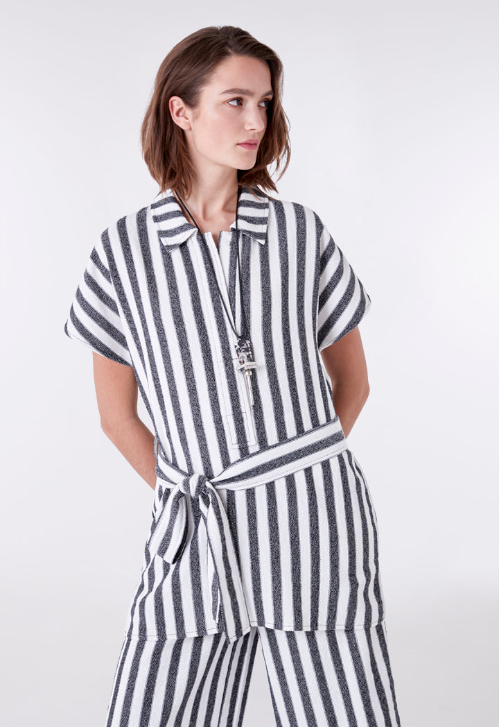 Mixed Fabric Collared Blouse