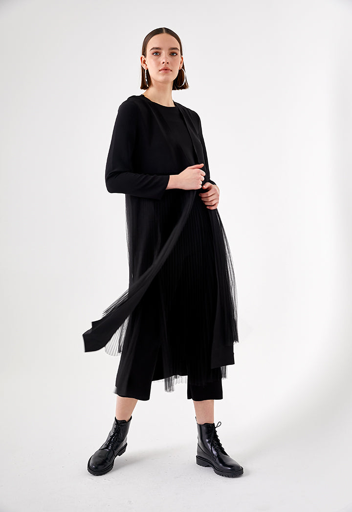 Pleated Mesh Overlay Outerwear