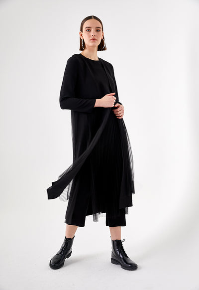 Pleated Mesh Overlay Outerwear