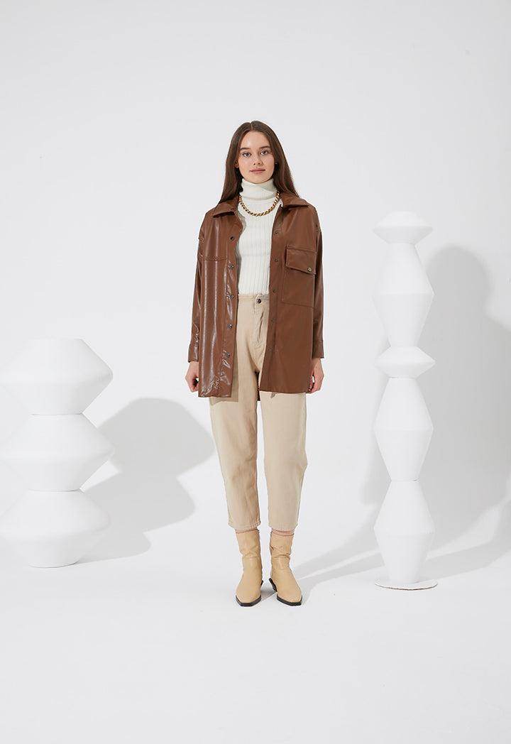 Light PU Shirt Collar Jacket - Fresqa