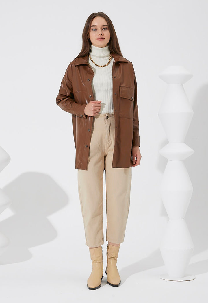 Light PU Shirt Collar Jacket - Fresqa