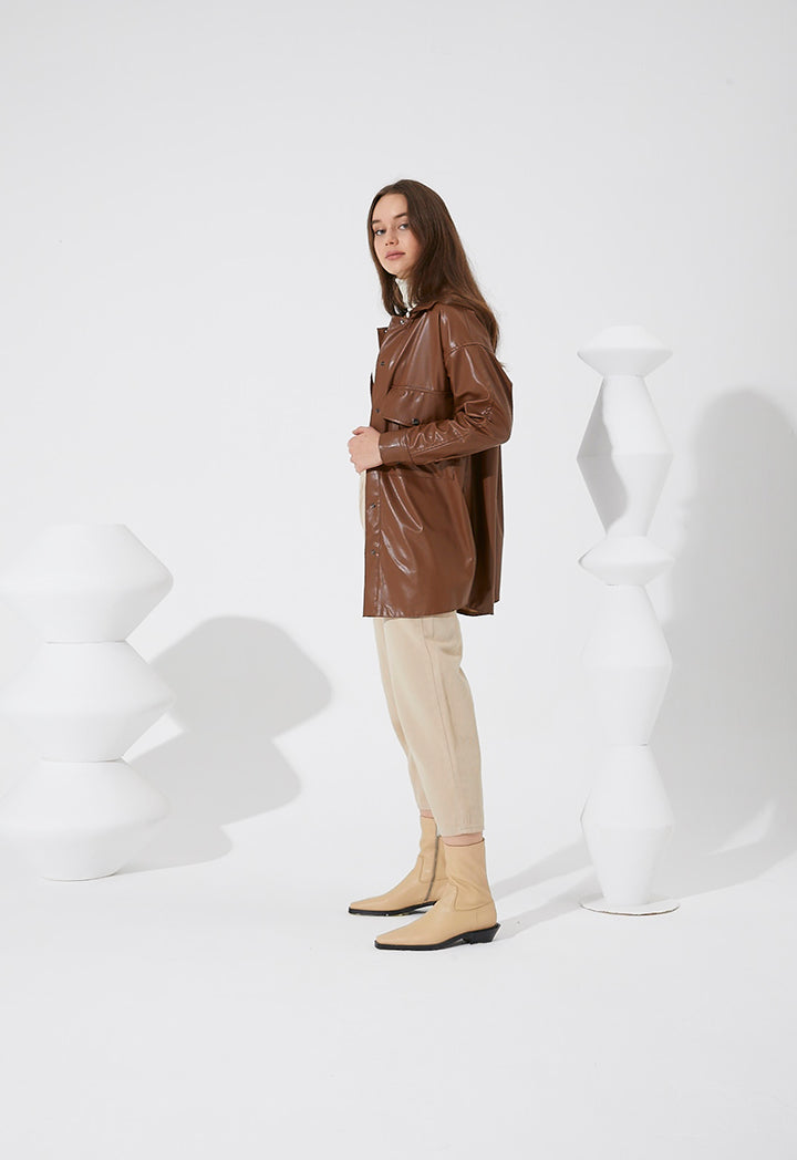 Light PU Shirt Collar Jacket - Fresqa