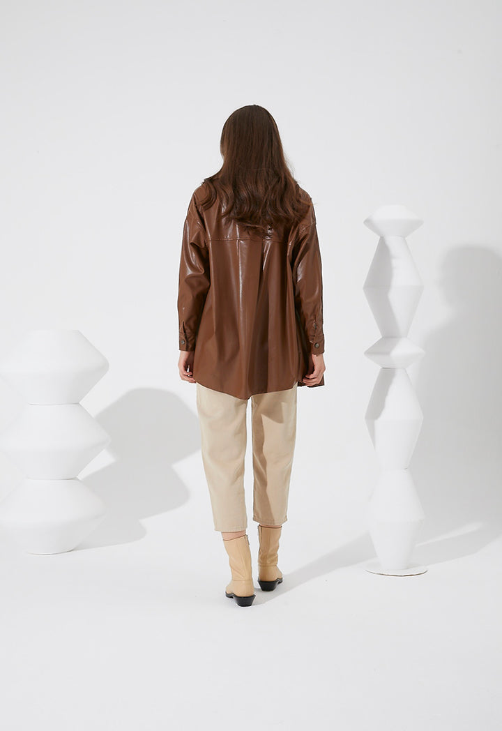 Light PU Shirt Collar Jacket - Fresqa