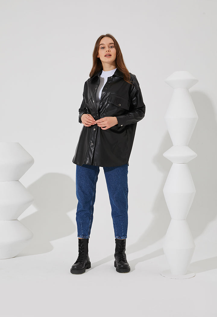 Light PU Shirt Collar Jacket
