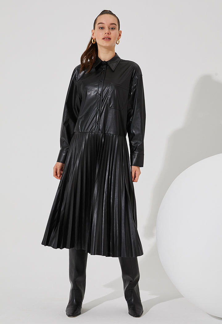 Shirt Dress With Pleated Skirt - Fresqa