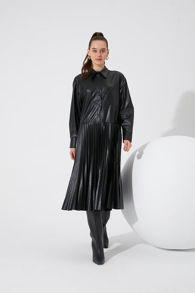 Shirt Dress With Pleated Skirt - Fresqa