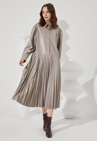 Shirt Dress With Pleated Skirt - Fresqa