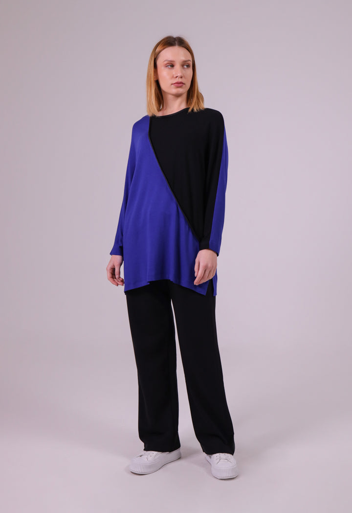 Two-Tone Asymmetrical Long-Sleeves Blouse