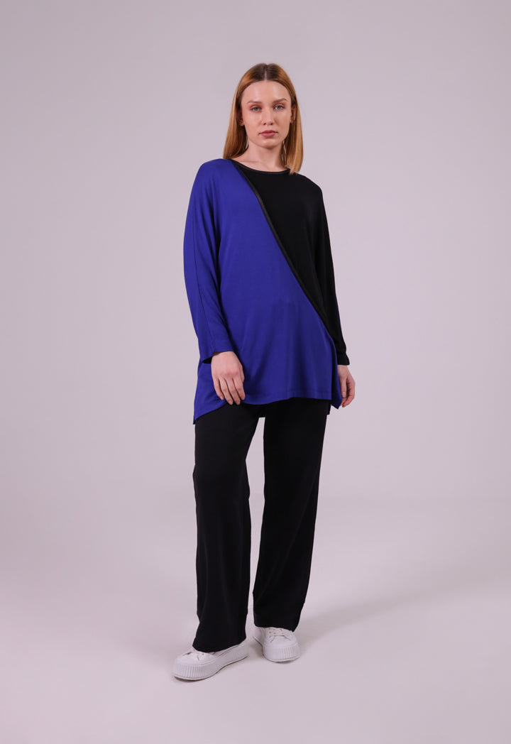 Two-Tone Asymmetrical Long-Sleeves Blouse