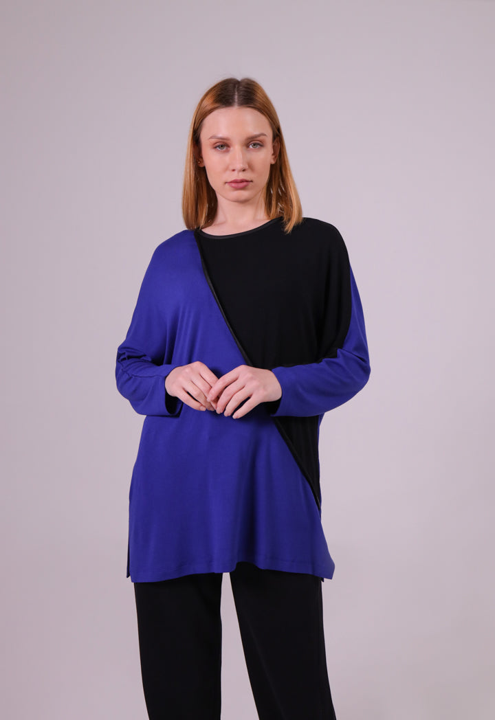 Two-Tone Asymmetrical Long-Sleeves Blouse