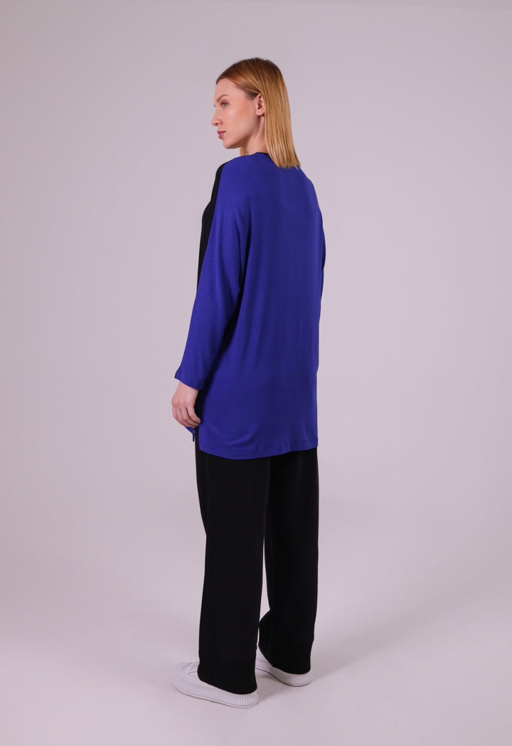 Two-Tone Asymmetrical Long-Sleeves Blouse