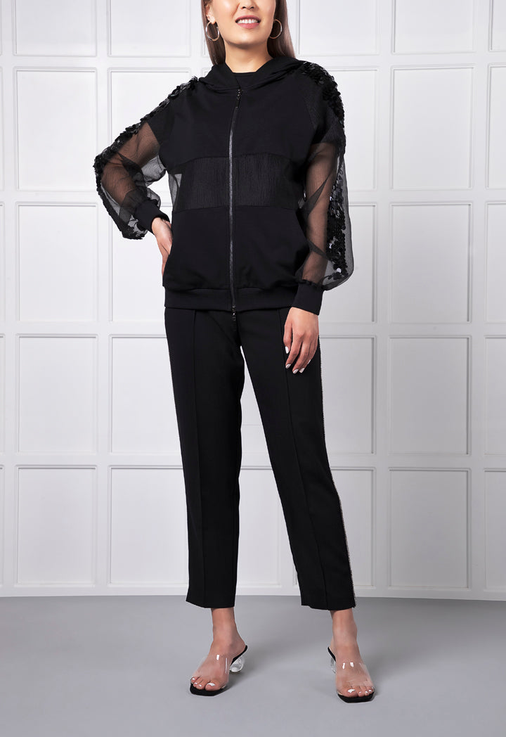 Black Hooded Organza Trim Jacket