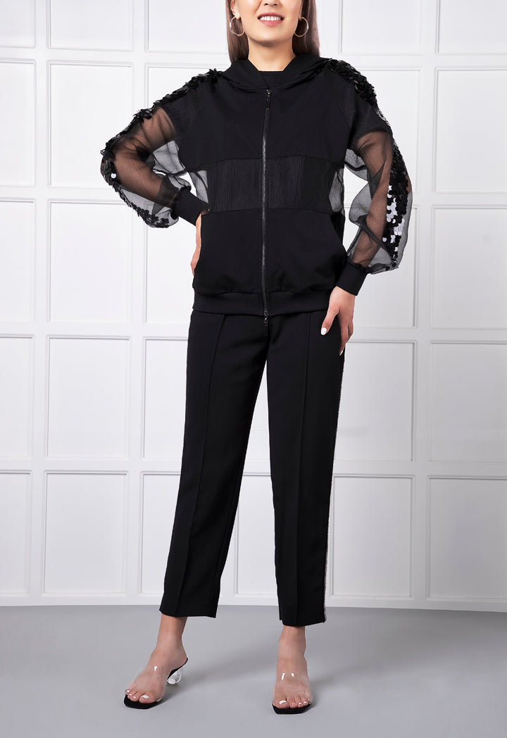 Black Hooded Organza Trim Jacket