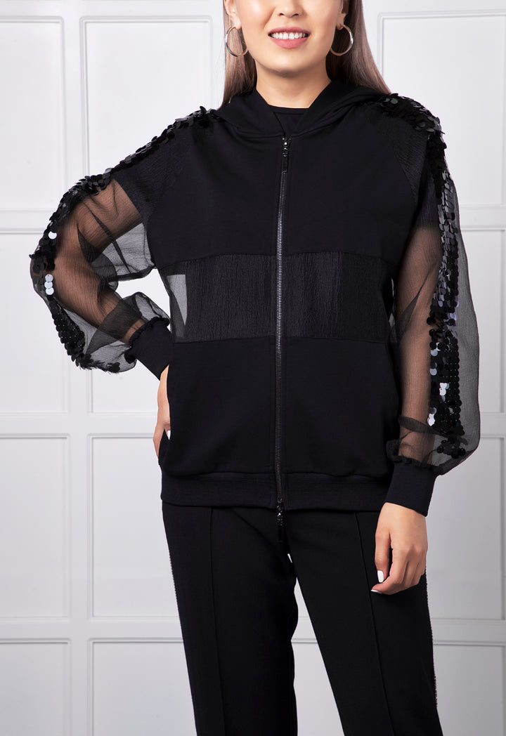 Black Hooded Organza Trim Jacket