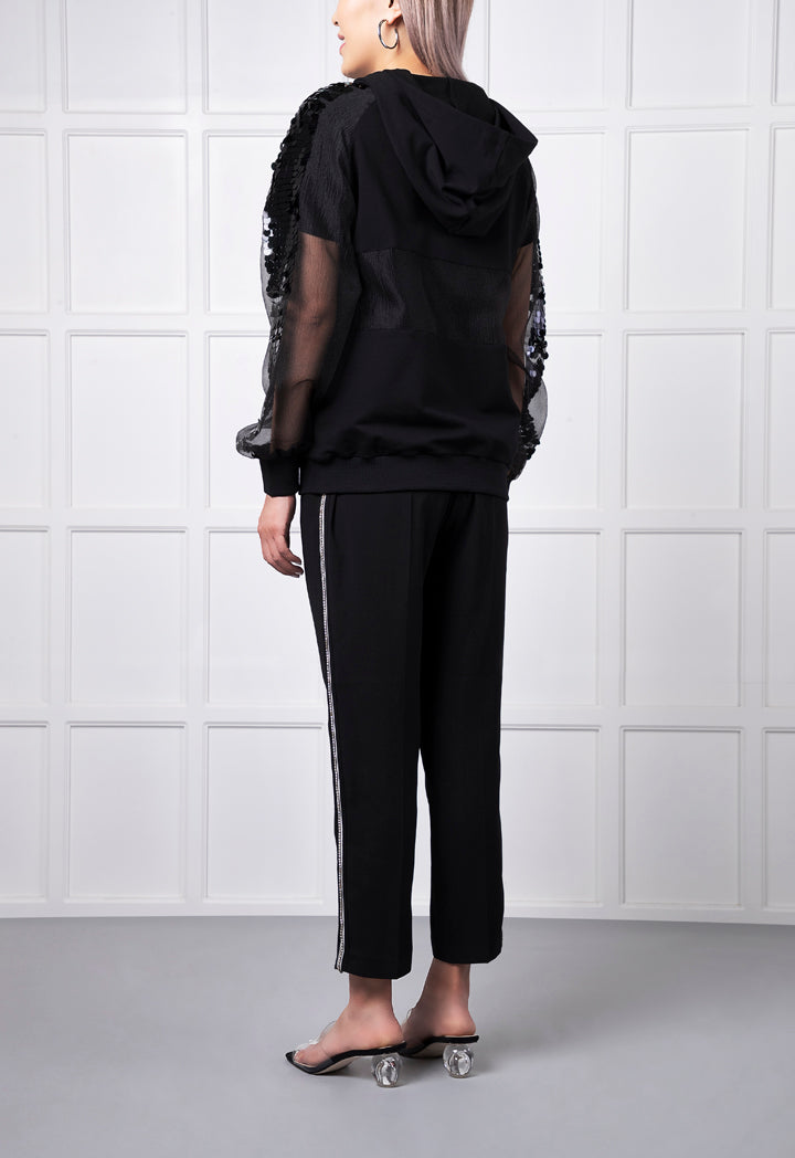 Black Hooded Organza Trim Jacket