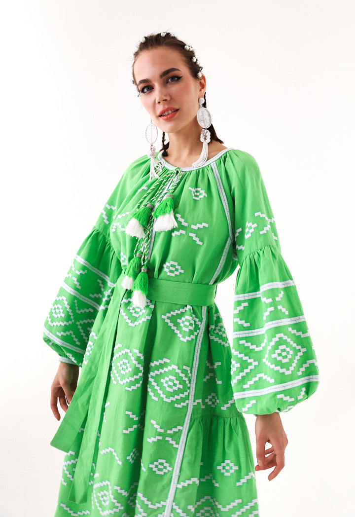 Embroidered Linen Midi Dress