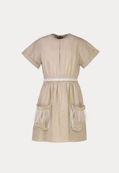 Ruched Feathers Details Elastic Waist Dress
