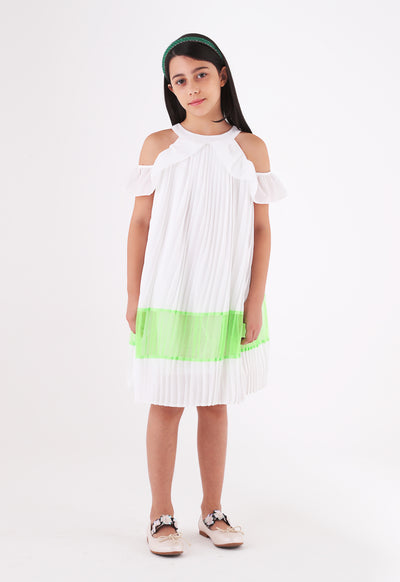 Organza Pleated Cold Shoulder Dress