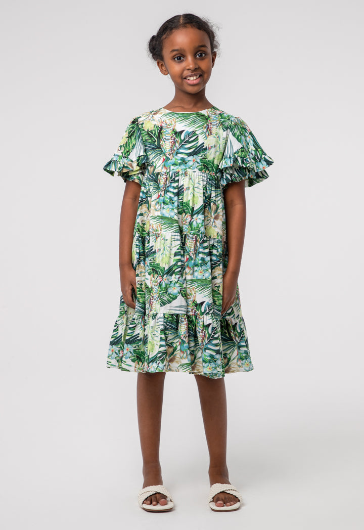 Printed Frill Flutter Tier Girls Dress