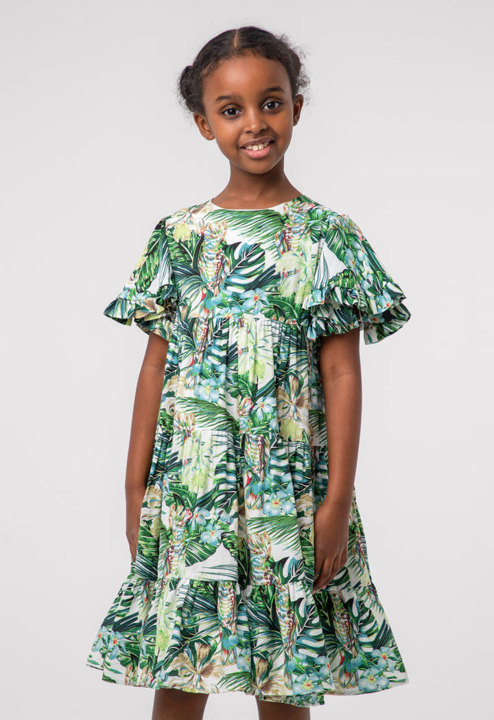 Printed Frill Flutter Tier Girls Dress