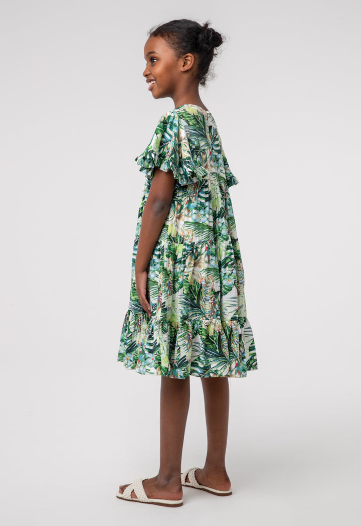 Printed Frill Flutter Tier Girls Dress