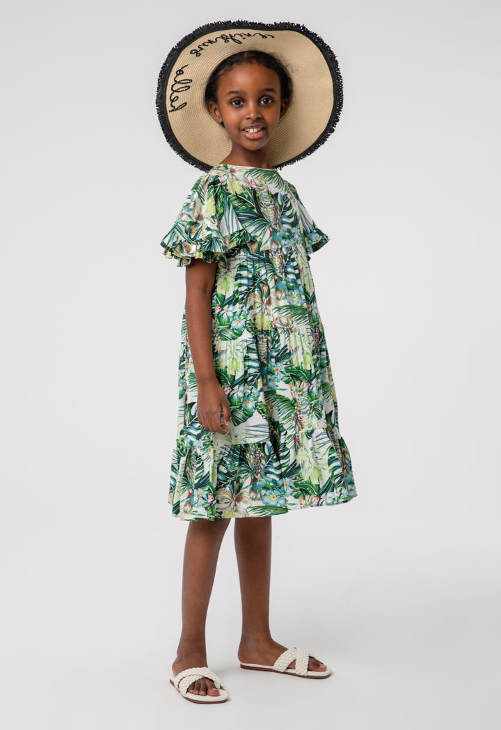 Printed Frill Flutter Tier Girls Dress