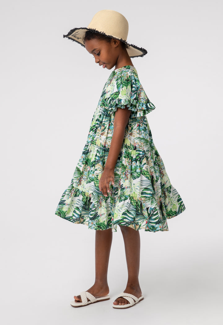 Printed Frill Flutter Tier Girls Dress