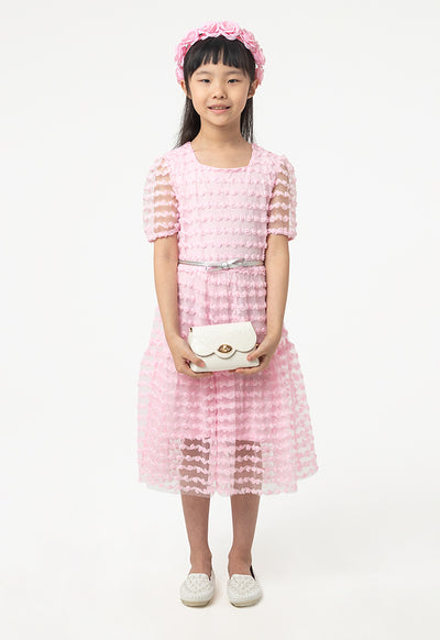 Flowers Puffy Organza Sleeves Dress With Belt