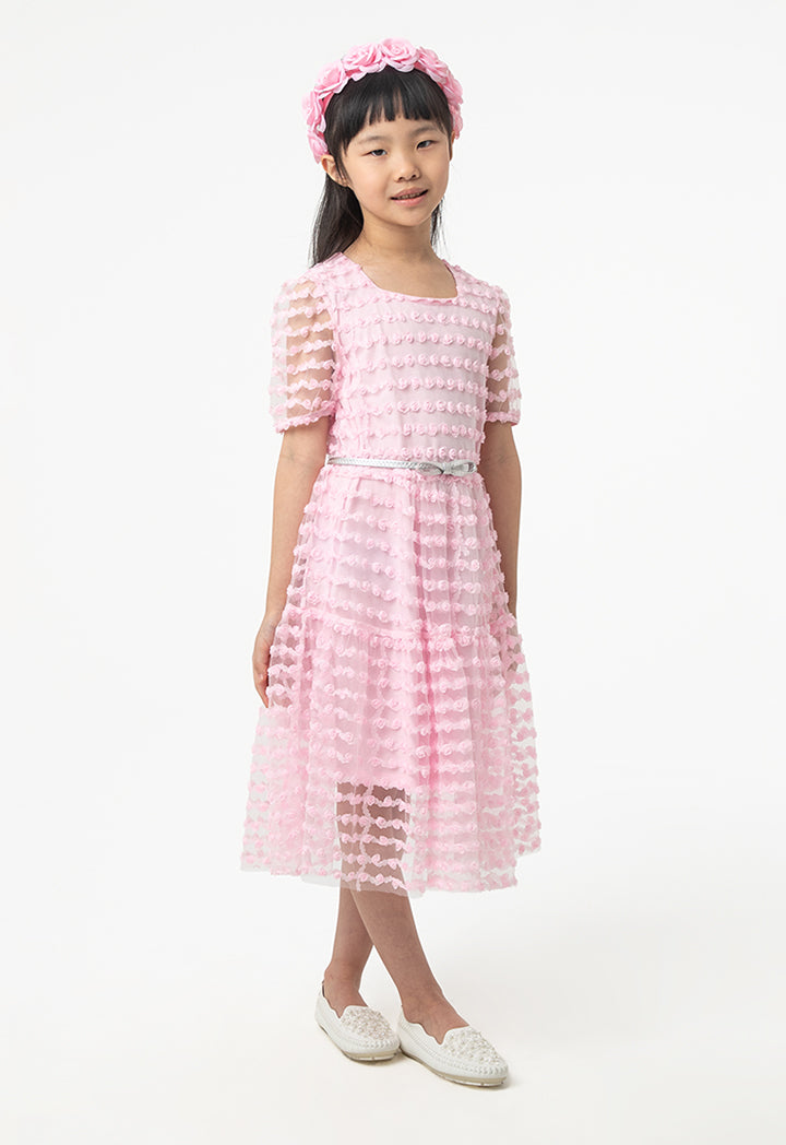 Flowers Puffy Organza Sleeves Dress With Belt