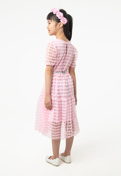 Flowers Puffy Organza Sleeves Dress With Belt